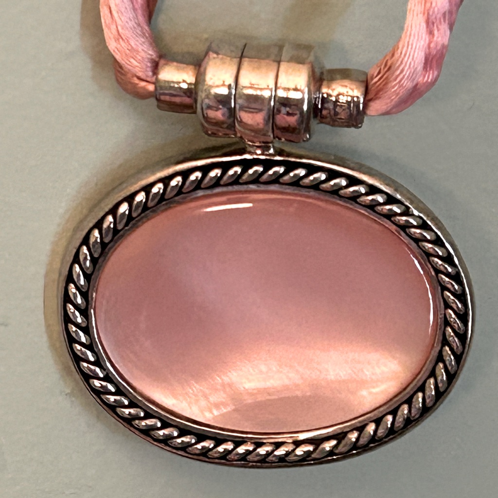Vintage Espo Pink Mop 925 Snap Pendant Necklace With Pink Silk Cord. 16 Inches.